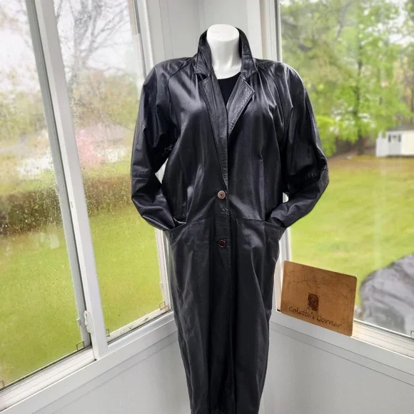 Vintage Accent Black Leather Cocoon Sleeve Maxi Single Breasted Coat Size XL - Picture 3 of 14